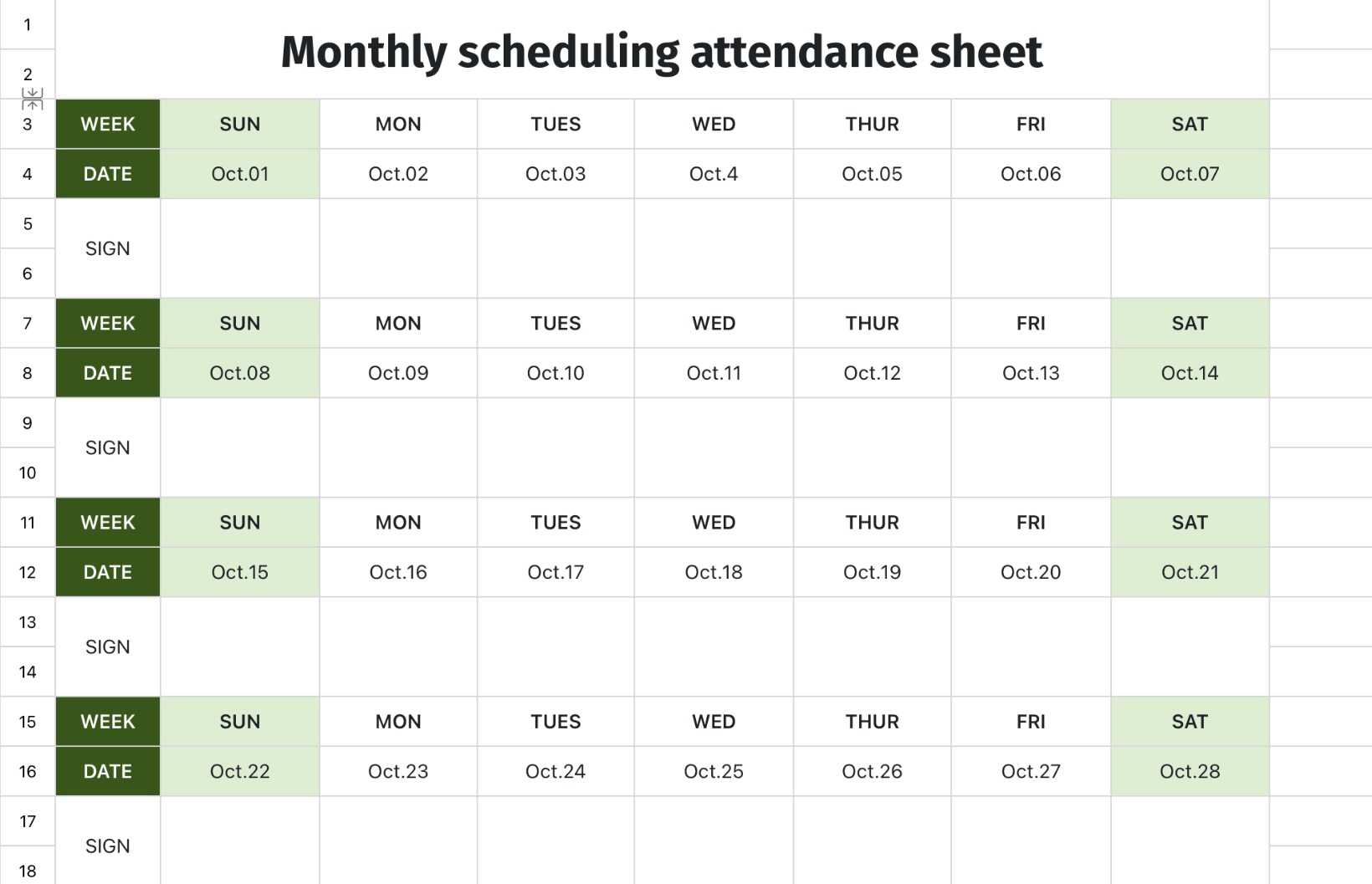 Monthly scheduling attendance sheet